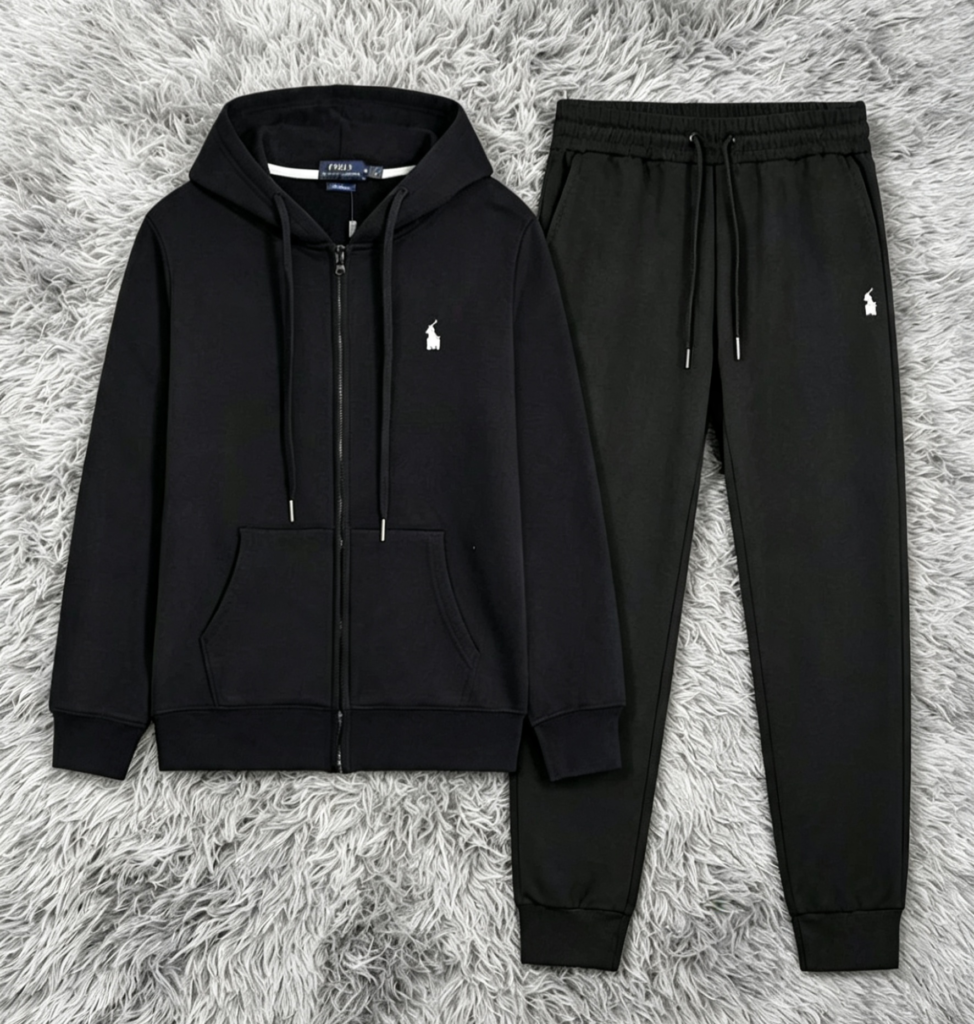 Black Full Zip Tracksuit with Small Chest Emblem