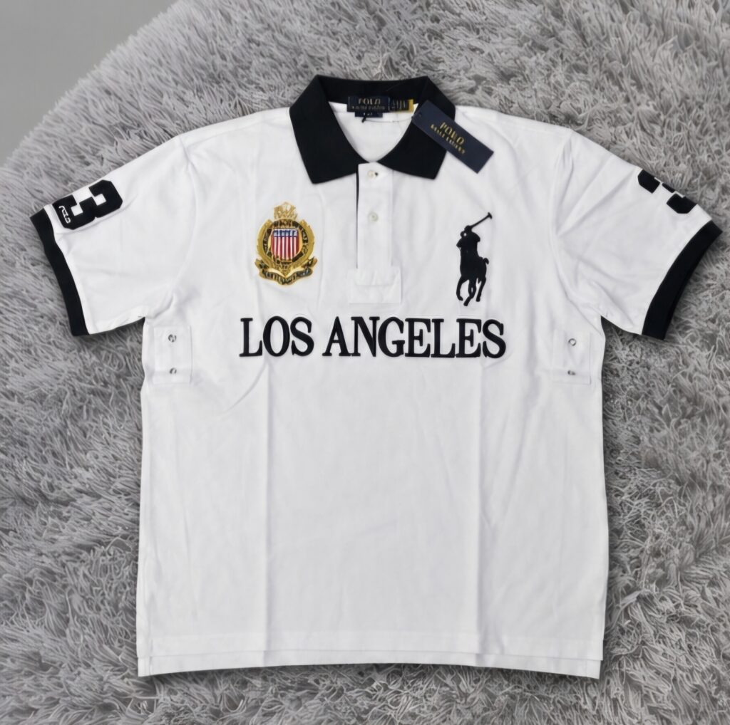 White Knit Polo with Multi-Contrast Embroidery and Detail Logos