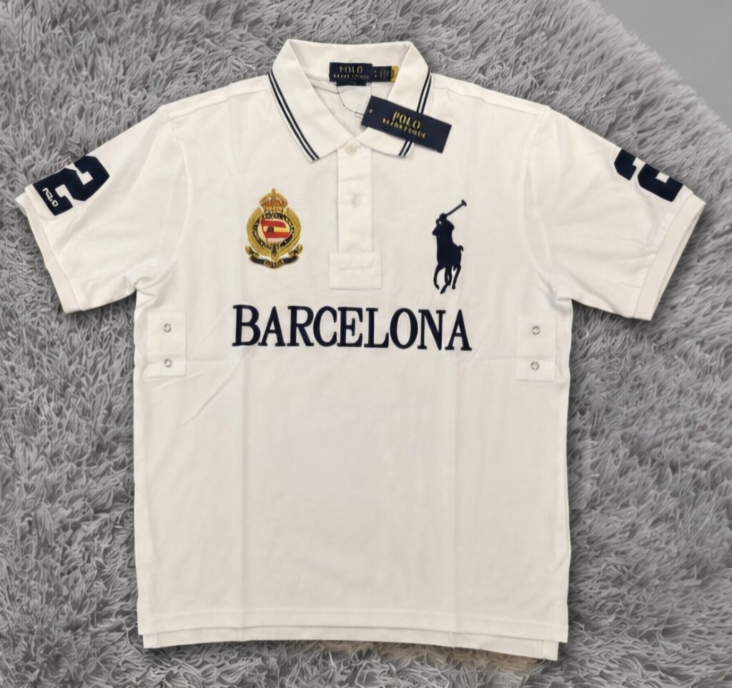 White Knit Polo with Multi-Contrast Embroidery and Crest Badge