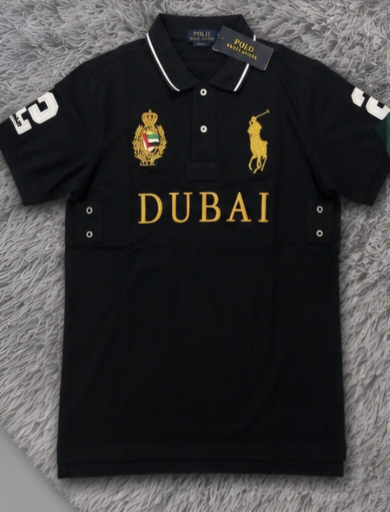 Black Knit Polo with Multi-Contrast Gold Embroidery and Crest Badge