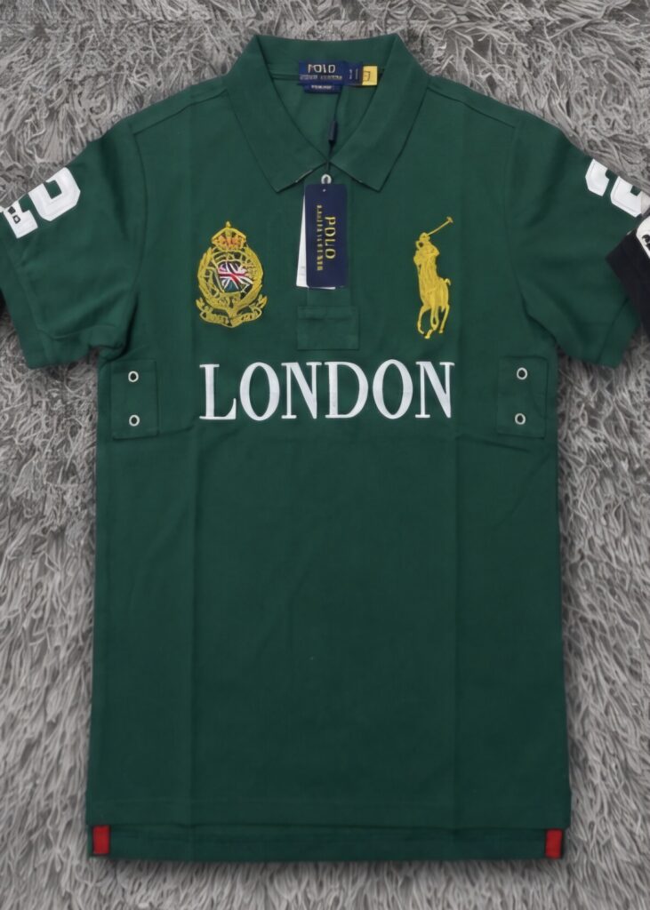 Green Knit Polo with Multi-Contrast Gold Embroidery and Crest Badge