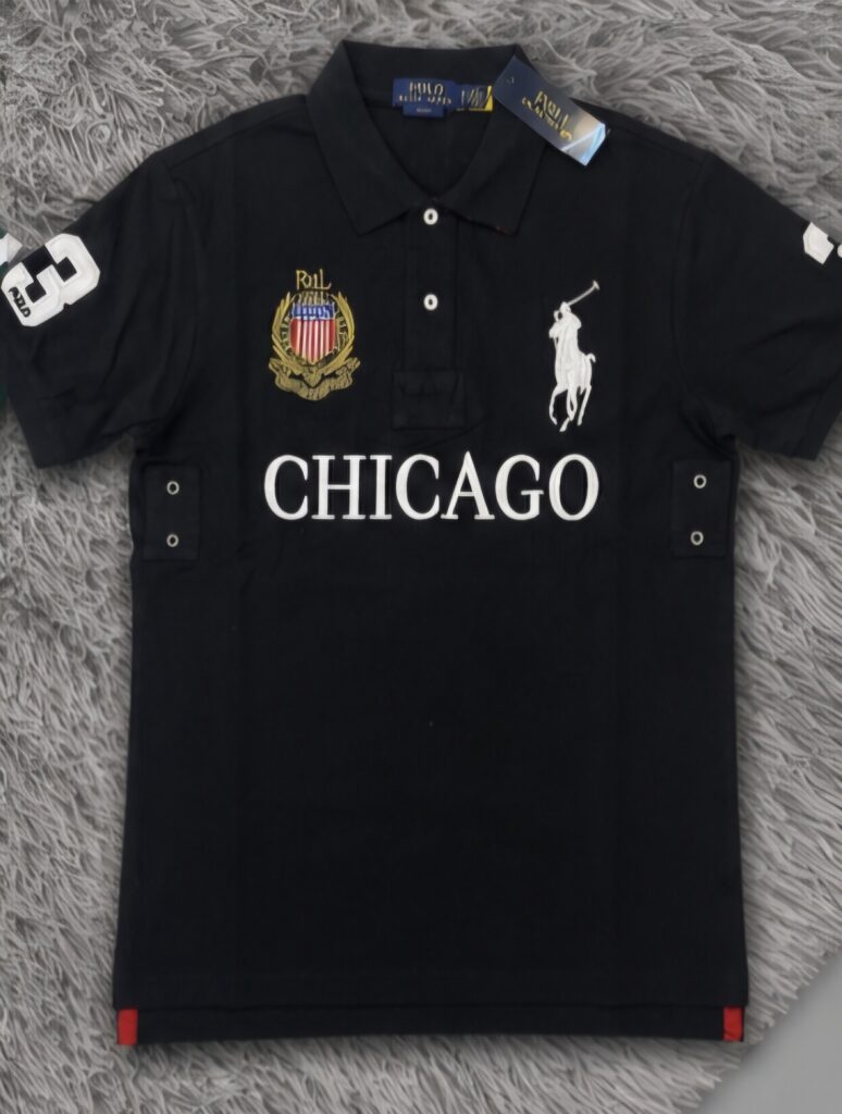 Black Knit Polo with Multi-Contrast White Embroidery and Crest Badge