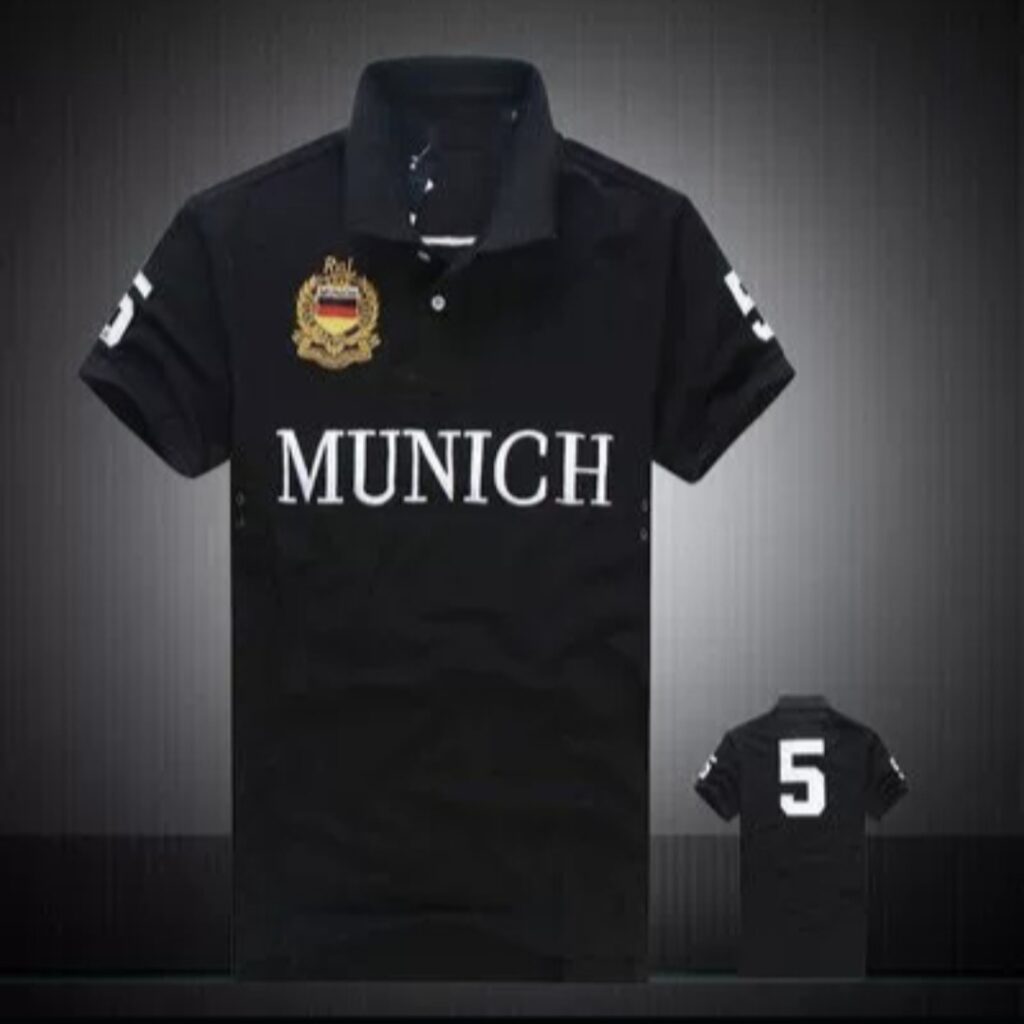 Black Knit Polo with Contrast Front Graphic and Crest Badge